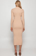 CHOKER NECKLINE KNIT MIDI DRESS WITH FRONT SPLIT