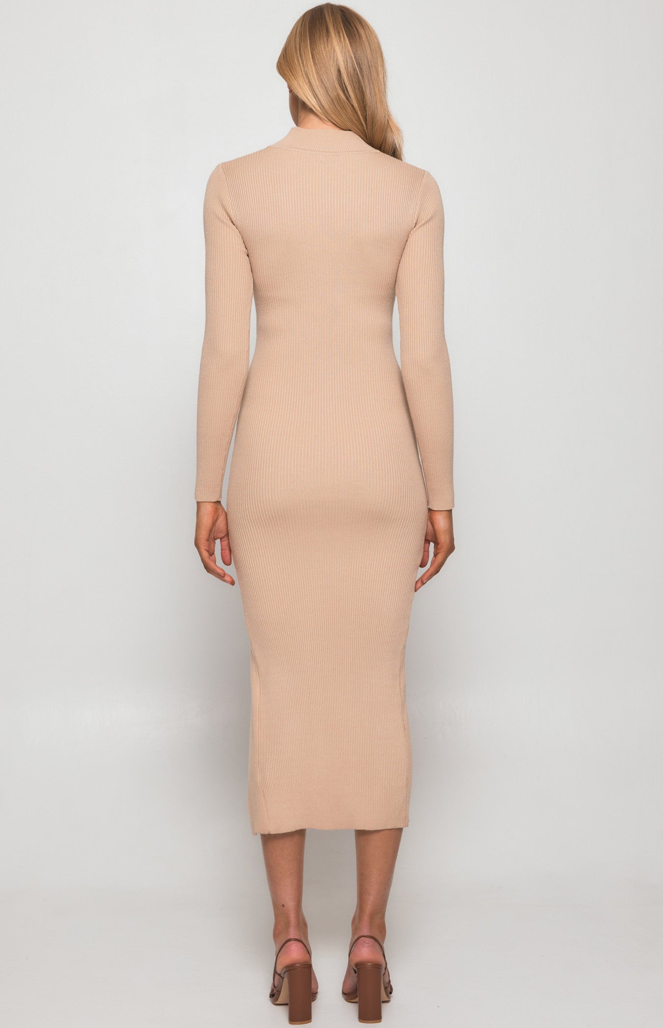 CHOKER NECKLINE KNIT MIDI DRESS WITH FRONT SPLIT