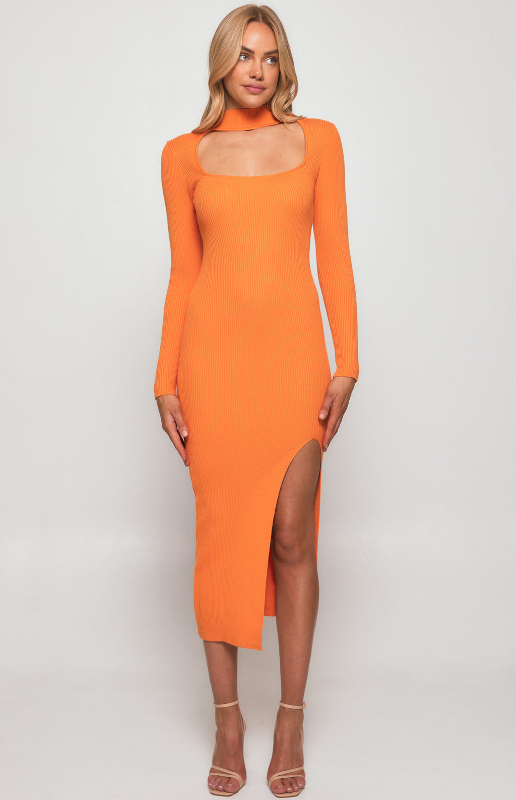 CHOKER NECKLINE KNIT MIDI DRESS WITH FRONT SPLIT