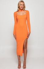 CHOKER NECKLINE KNIT MIDI DRESS WITH FRONT SPLIT
