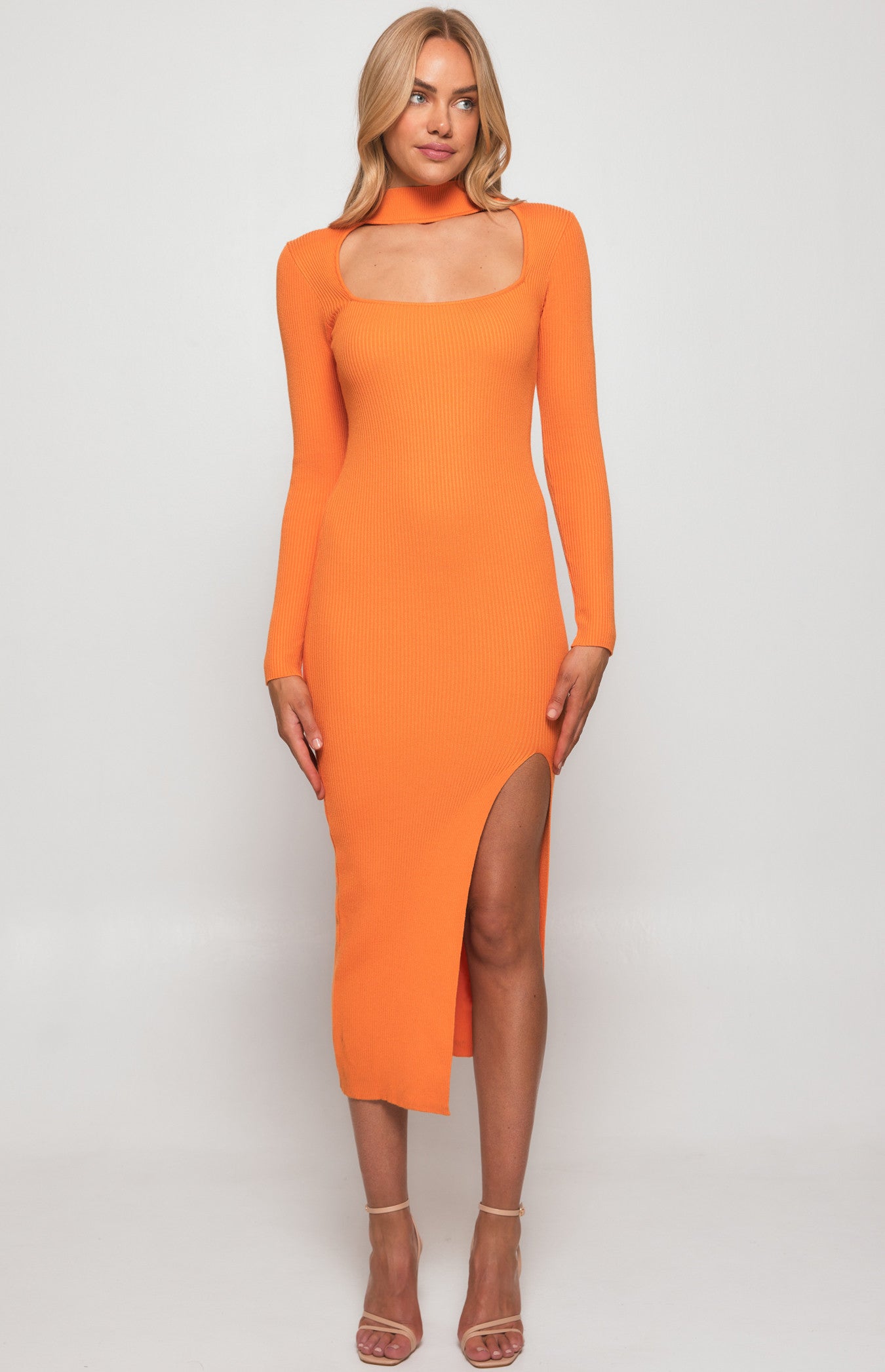 CHOKER NECKLINE KNIT MIDI DRESS WITH FRONT SPLIT