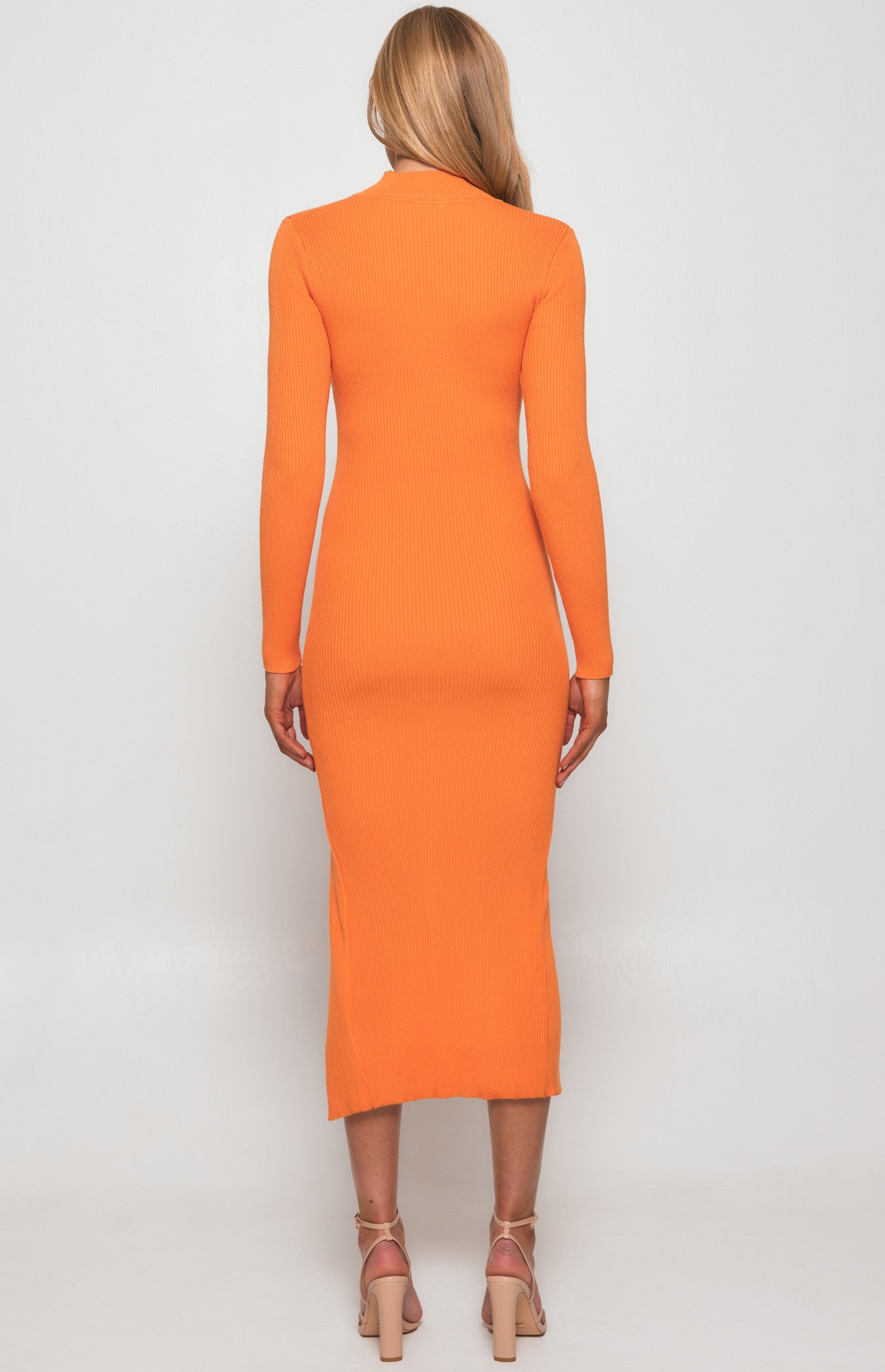 CHOKER NECKLINE KNIT MIDI DRESS WITH FRONT SPLIT