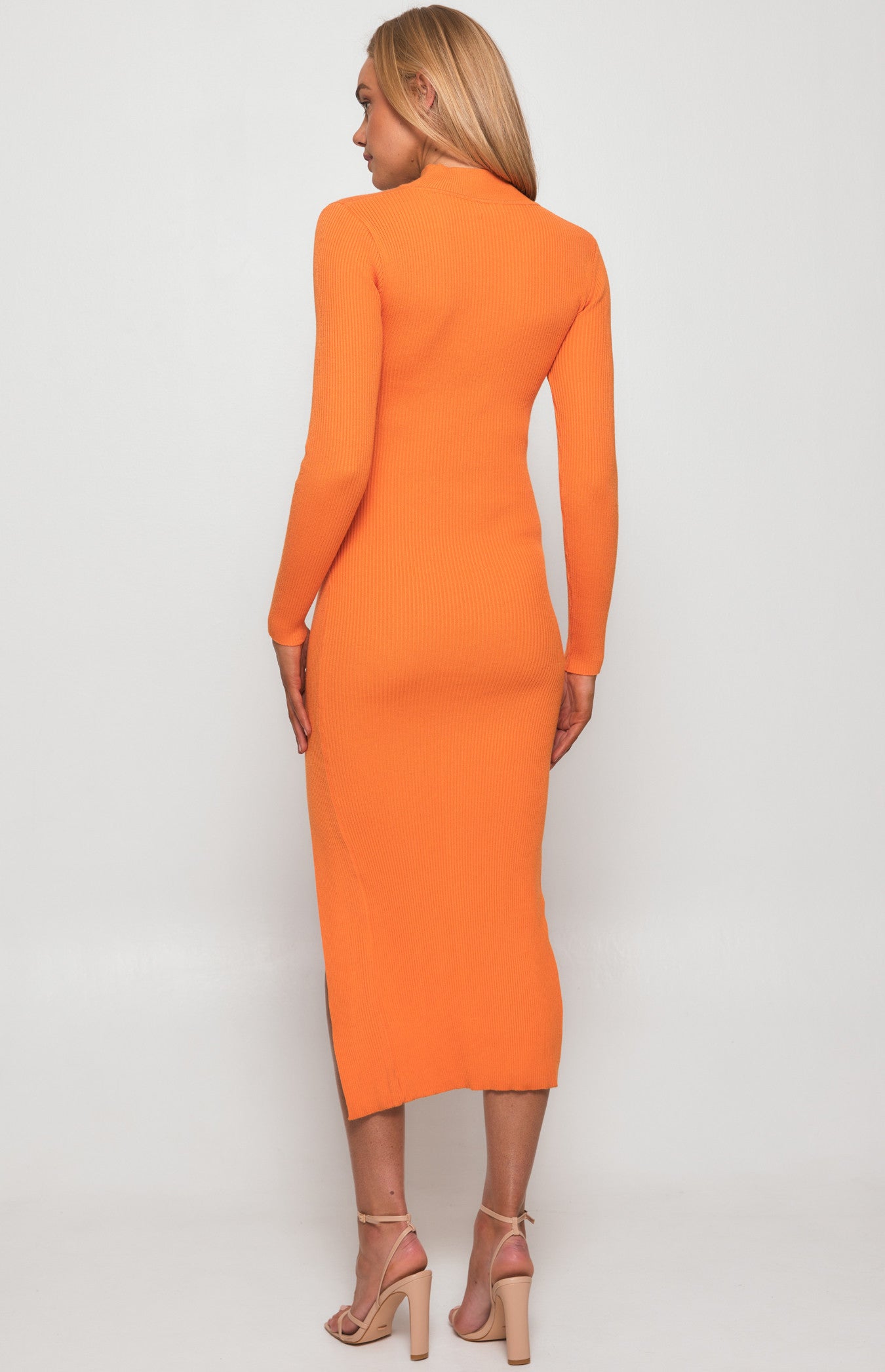 CHOKER NECKLINE KNIT MIDI DRESS WITH FRONT SPLIT