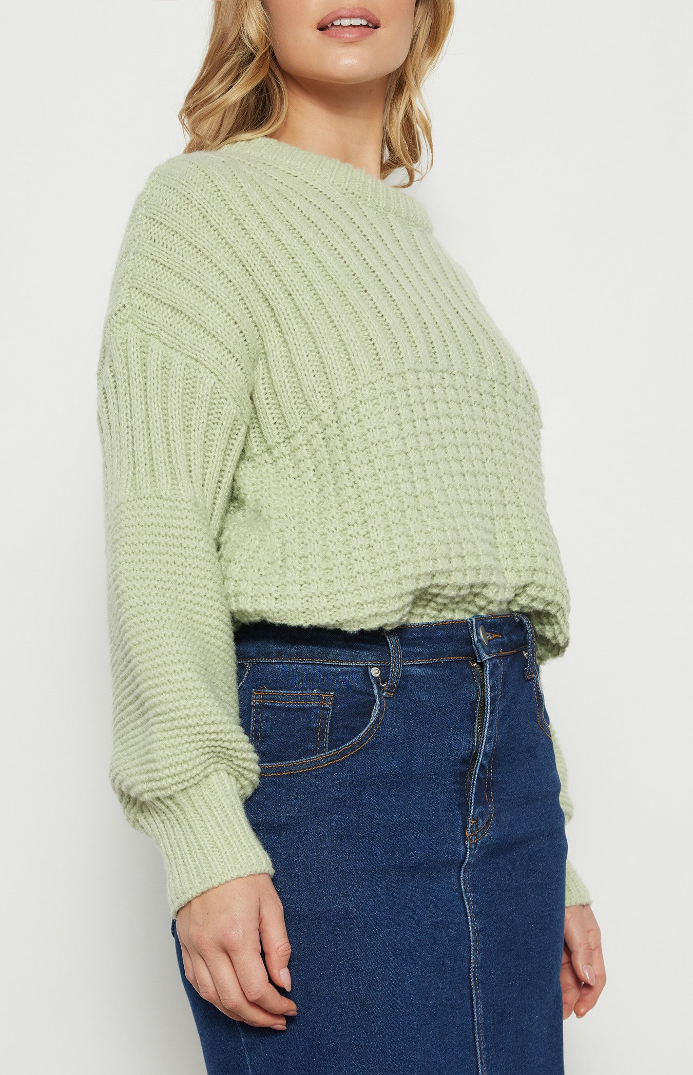 CONTRAST PANEL CHUNKY KNIT TEXTURED JUMPER - LIME