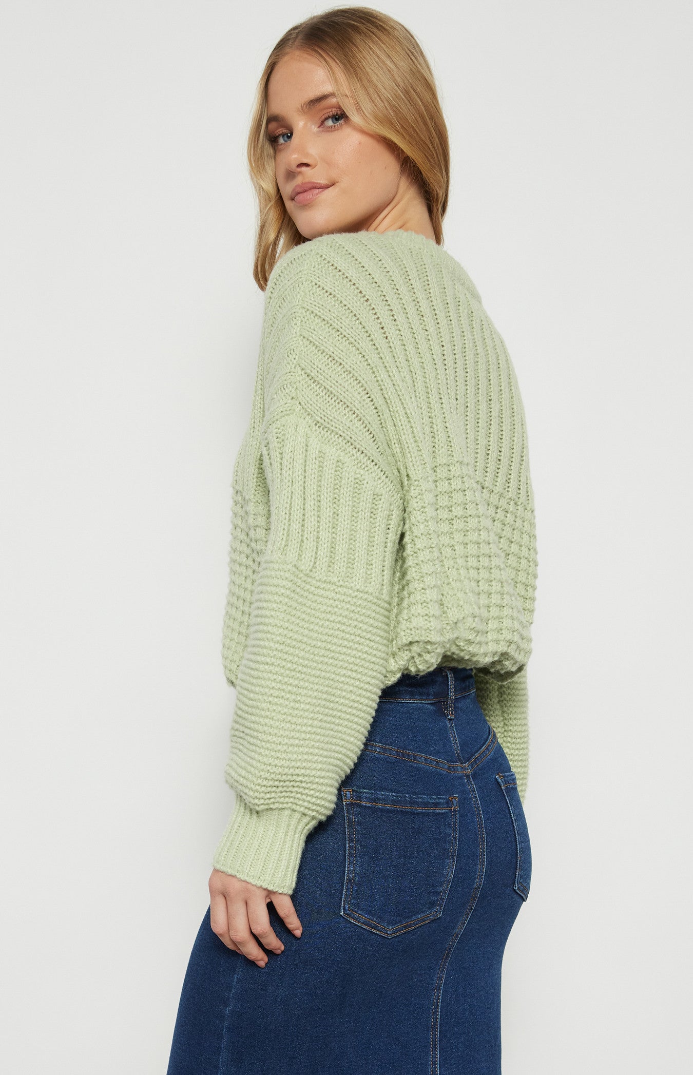 CONTRAST PANEL CHUNKY KNIT TEXTURED JUMPER - LIME