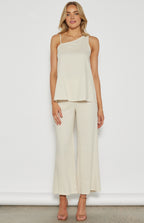LINEN BLEND ASYMMETRIC NECKLINE LONG TOP