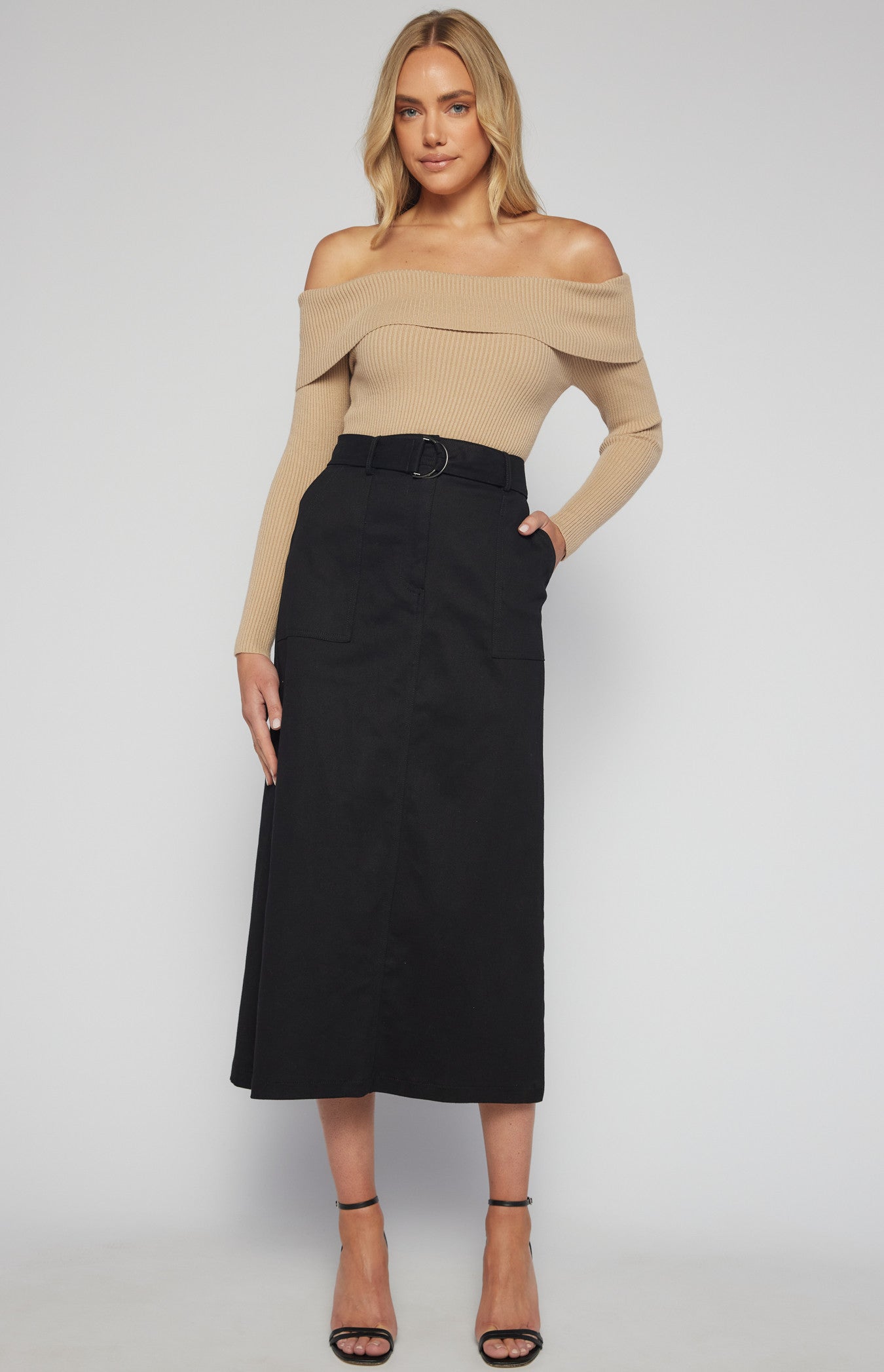 COTTON MAXI SKIRT WITH D-RING BELT AND POCKETS