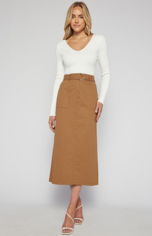 COTTON MAXI SKIRT WITH D-RING BELT AND POCKETS